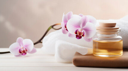 Obraz na płótnie Canvas Spa composition, white towel, orchid flower and a jar of aroma oil. Products for relaxation and health on a light background. Skin care