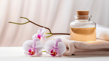 Obraz na płótnie Canvas Spa composition, white towel, orchid flower and a jar of aroma oil. Products for relaxation and health on a light background. Skin care