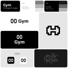 Fitness center monochrome line business logo. 8 bit dumbbell icon. Brand name. Strength business value. Design element. Visual identity. Play font used. Suitable for promotional campaign