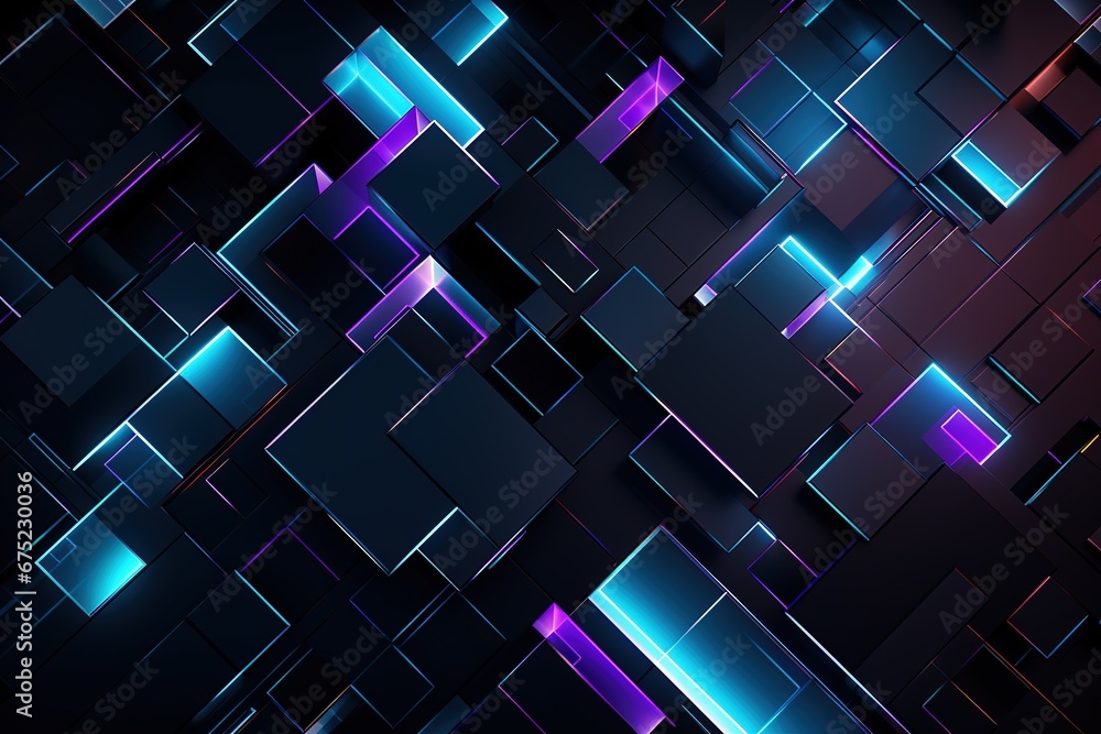 Poster Abstract background black cubic square shaped blocks illuminated with pink and blue neon lights. Virtual immersive space, complex information data structure.