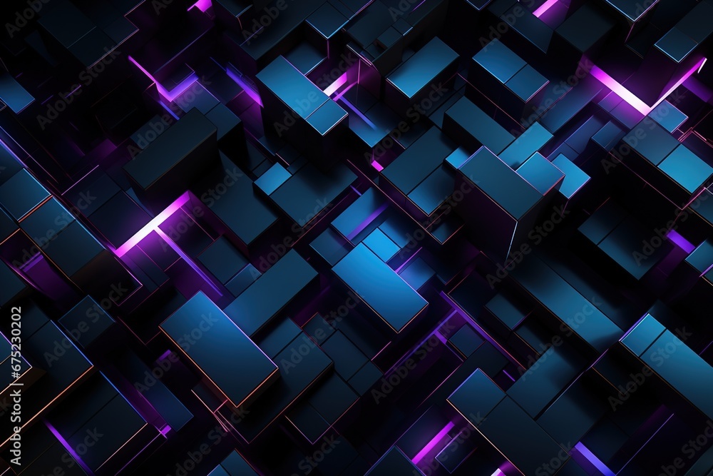 Poster abstract background black cubic square shaped blocks illuminated with pink and blue neon lights. vir