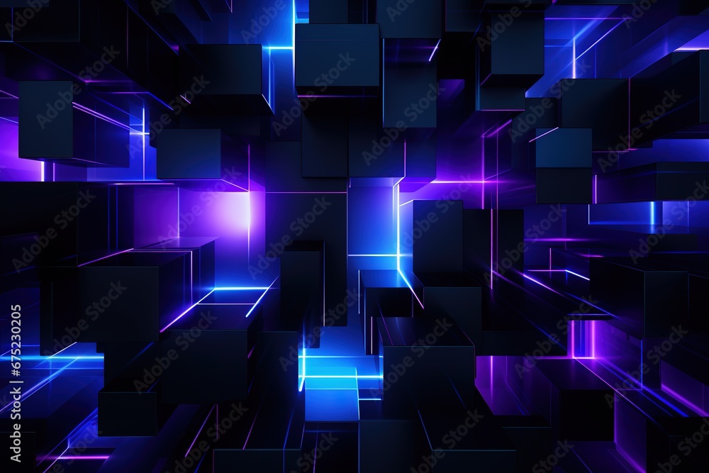 Poster abstract background black cubic square shaped blocks illuminated with pink and blue neon lights. vir
