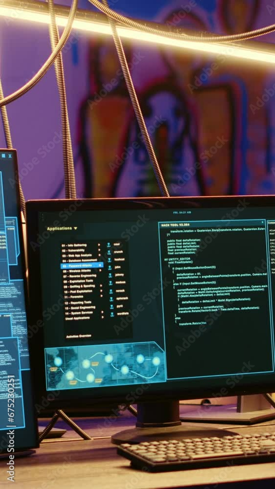 Poster vertical video high tech computer systems running malicious code in messy empty criminals hideaway. 