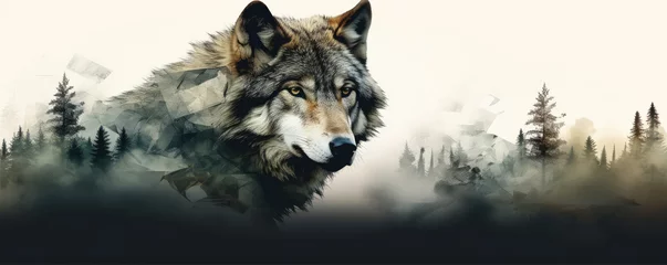 Deurstickers Wild wolf (canis lupus) on wite background in wild nature. Wolf design or graphic for t-shirt printing. © Michal