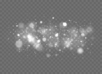 Sparkling magic dust particles. White sparks glitter special light effect. Christmas abstract pattern. Vector sparkles on transparent background.