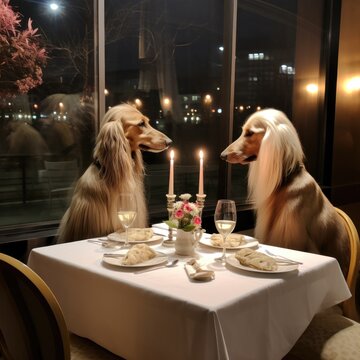 loving couple of dogs enjoying romantic dinner in restaurant