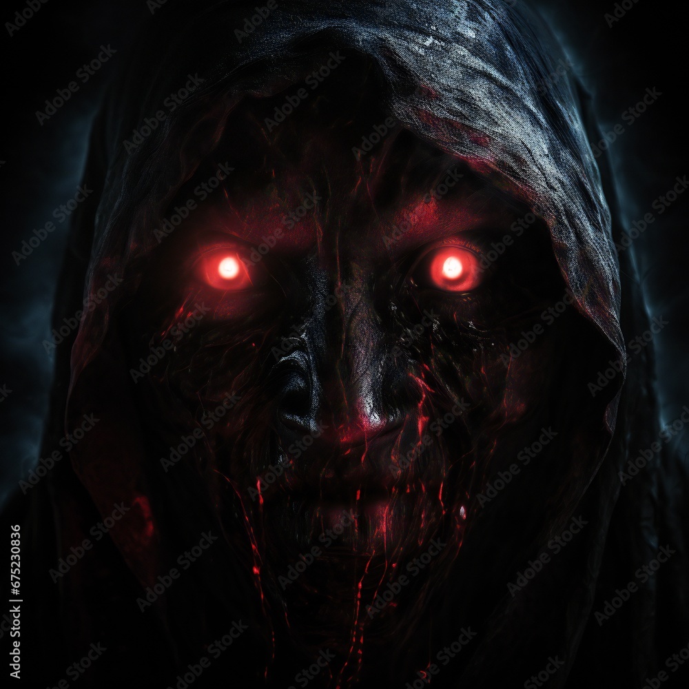 Poster scary death face staring at you with red eyes from dark space generative ai