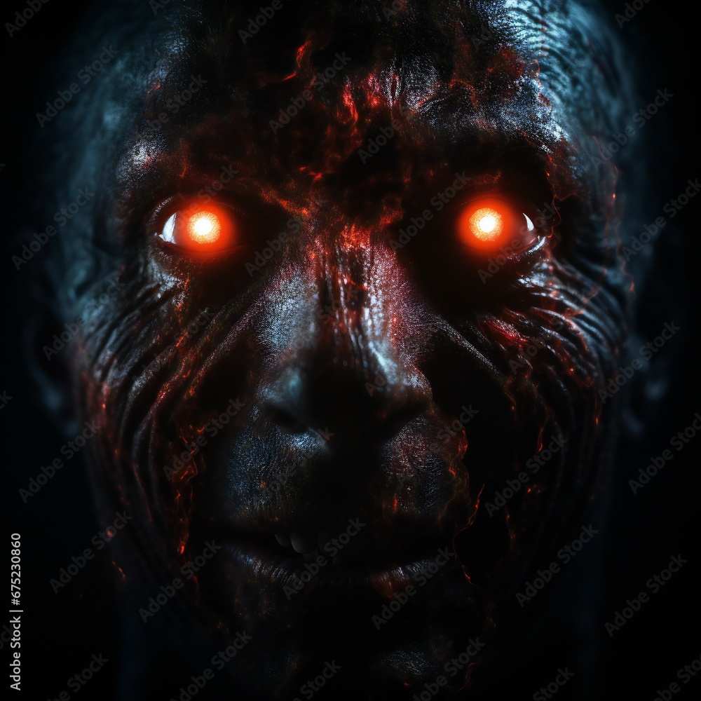 Poster Scary death face staring at you with red eyes from dark space Generative AI 