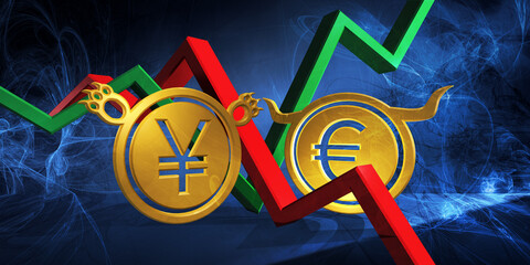 bullish eur to bearish jpy or cny currency. foreign exchange market 3d illustration of euro to japanese yen or chinese yuan. money represented  as golden coins