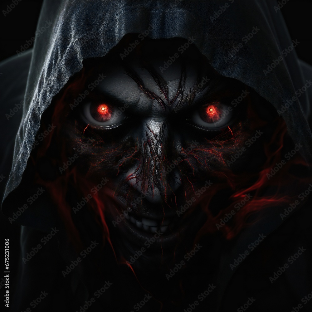 Poster scary death face staring at you with red eyes from dark space generative ai