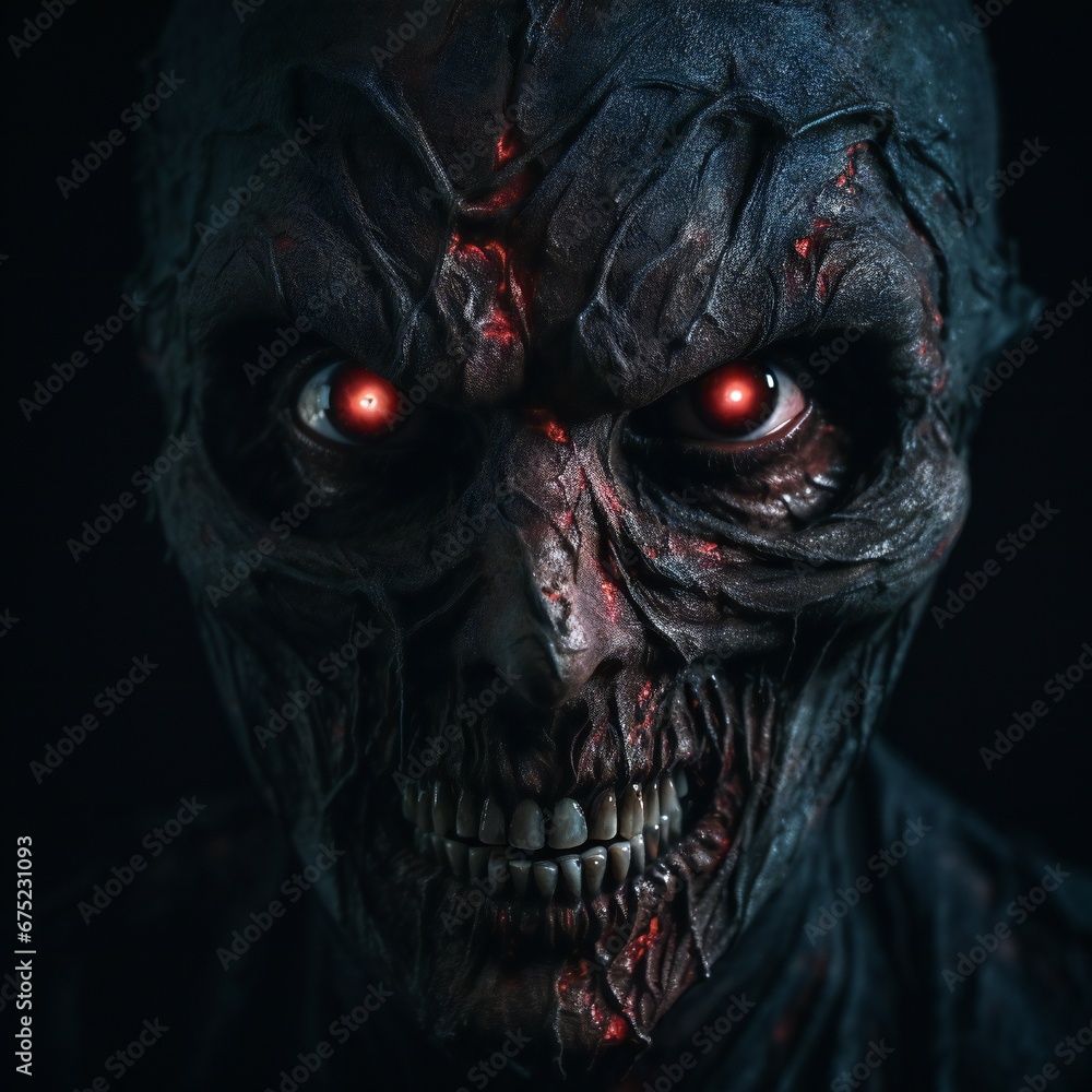 Poster Scary death face staring at you with red eyes from dark space Generative AI 