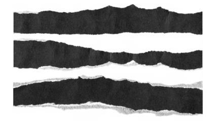 torn and ripped paper lines stripes with jagged edges from black paper in Y2K retro style, png isolated cardboard pieces on transparent background