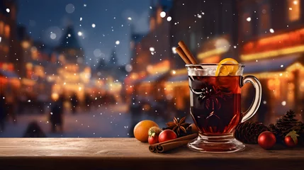 Fotobehang Glass of hot mulled wine on a table on a decorated Christmas street © Taisiia