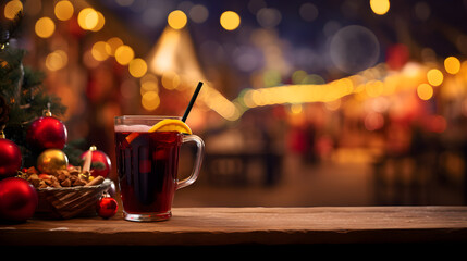 Glass of hot mulled wine on a table on a decorated Christmas street - obrazy, fototapety, plakaty