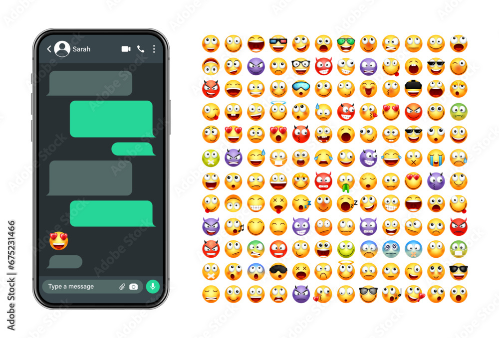 Poster smartphone messaging app, user interface with emoji. sms text frame. chat screen, green message bubb