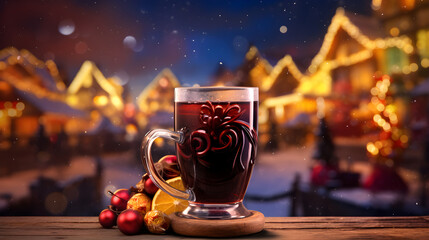 Obraz premium Glass of hot mulled wine on a table on a decorated Christmas street
