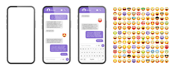 Smartphone messaging app, user interface design with emoji. SMS text frame. Chat screen with violet message bubbles. Texting app for communication. Social media application. Vector illustration