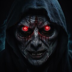 Scary death face staring at you with red eyes from dark space Generative AI 