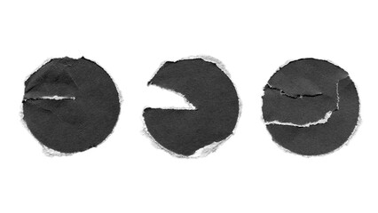 torn and ripped paper circles rounds with jagged edges from black paper in Y2K retro style, png isolated cardboard pieces on transparent background
