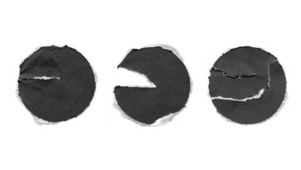 torn and ripped paper circles rounds with jagged edges from black paper in Y2K retro style, png isolated cardboard pieces on transparent background