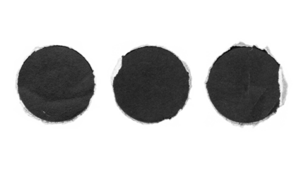 torn and ripped paper circles rounds with jagged edges from black paper in Y2K retro style, png isolated cardboard pieces on transparent background
