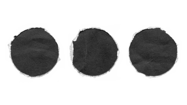 torn and ripped paper circles rounds with jagged edges from black paper in Y2K retro style, png isolated cardboard pieces on transparent background