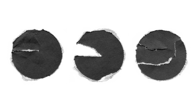 torn and ripped paper circles rounds with jagged edges from black paper in Y2K retro style, png isolated cardboard pieces on transparent background