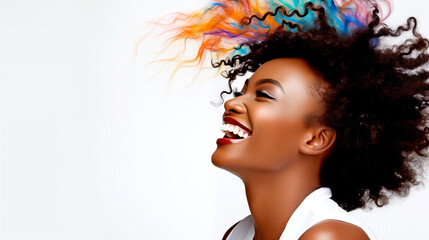 PORTRAIT OF A LAUGHING HAPPY AFRICAN AMERICAN WOMAN, HORIZONTAL IMAGE. legal AI