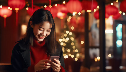 Chinese woman holding a phone in her hand, New Year's concept - obrazy, fototapety, plakaty