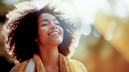 YOUNG AFRICAN AMERICAN WOMAN ENJOYING THE FEELING OF FREEDOM IN NATURE ON A SUNNY DAY. legal AI