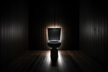 Ceramic toilet in a dark room with lighting.. Generated by artificial intelligence - obrazy, fototapety, plakaty