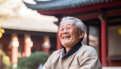 An old Chinese man laughing in the street