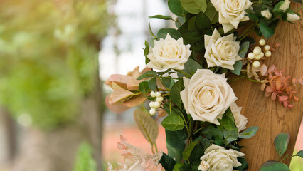 Backdrop of white roses with a soft focus and copy space. Element wedding arch with flowers on blurred background