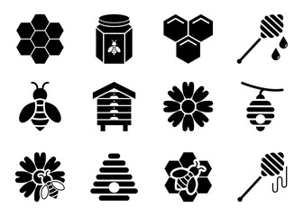 Honey and Beekeeping - vector icons isolated on white. - obrazy, fototapety, plakaty