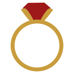 Gold ring with red gemstone. Engagement, marriage proposal, wedding, Valentines Day symbol, romantic love attribute. Vector Flat style illustration on white background for Jeweler Day Card, Poster
