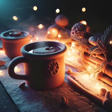 Cute mug of hot chocolate cup of tea coffee in the snow with glowing fairy lights pine cones cinnamon sticks Christmas festive cosy atmosphere holiday scene winter concept imagery