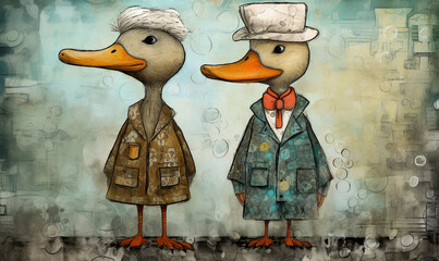  a cartoon of cute couples duck