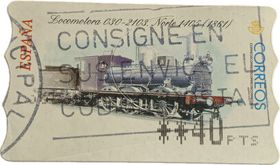 Bari, Italy - November 08, 2023. A stamp printed in Spain shows image of a Locomotora (locomotive)...