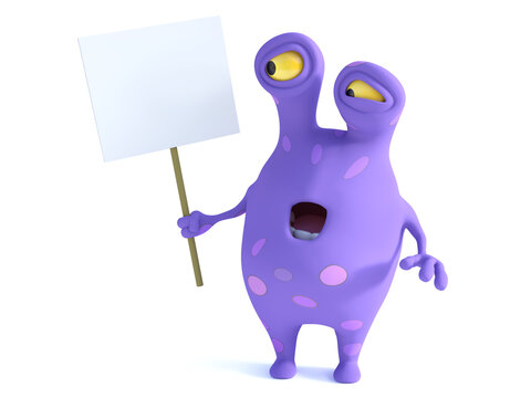 A spotted monster holding sign, looking shocked.