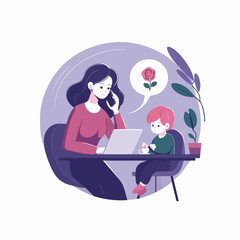 Vector mother with child working on the laptop from home. female freelance worker with child at workplace