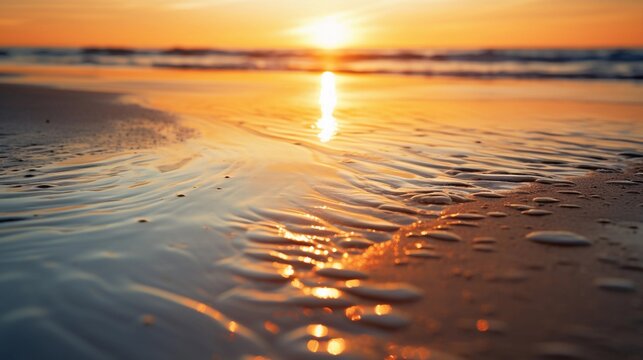 A close-up of the sun setting over the calm waters, capturing the reflection of the sun in the wet sand and the textures of the shoreline, AI generated, Background image