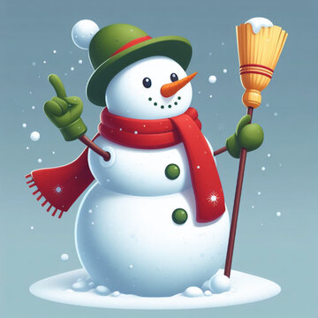 3D render of cute happy snowman with a broom, hat and scarf, Cheerful Snowman 3D Render