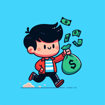Cute logo of wealthy boy cartoon vector Icon, cute rich boy throws money while runing cartoon vector icon illustration. people business icon concept