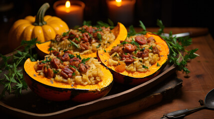 Pumpkin and sausage risotto served on oven-baked