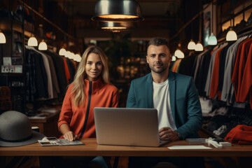 Obraz na płótnie Canvas Successful business couple. Owners of a clothing store with the computer to analyze the sales, new orders to be sent and check the stocks