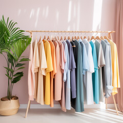 Rack with stylish pastel colors clothes near light wall. Clothing retails concept. Advertise, sale, fashion.
