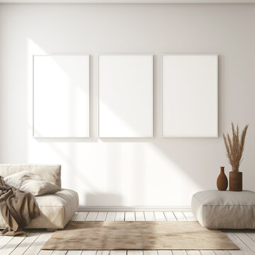Frame model standing on the wall in a set of 3 in the living room, white house interior design, 3d rendering, scandinavian style