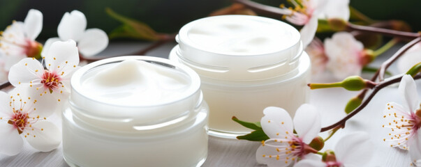 Obraz na płótnie Canvas Moisturizing cream and almond blooms front view close up