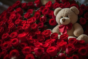 Valentine's teddy surrounded by roses. Generative AI