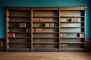 Wooden bookcase with books on shelves near a blue wall on a wooden floor. Generated by artificial intelligence